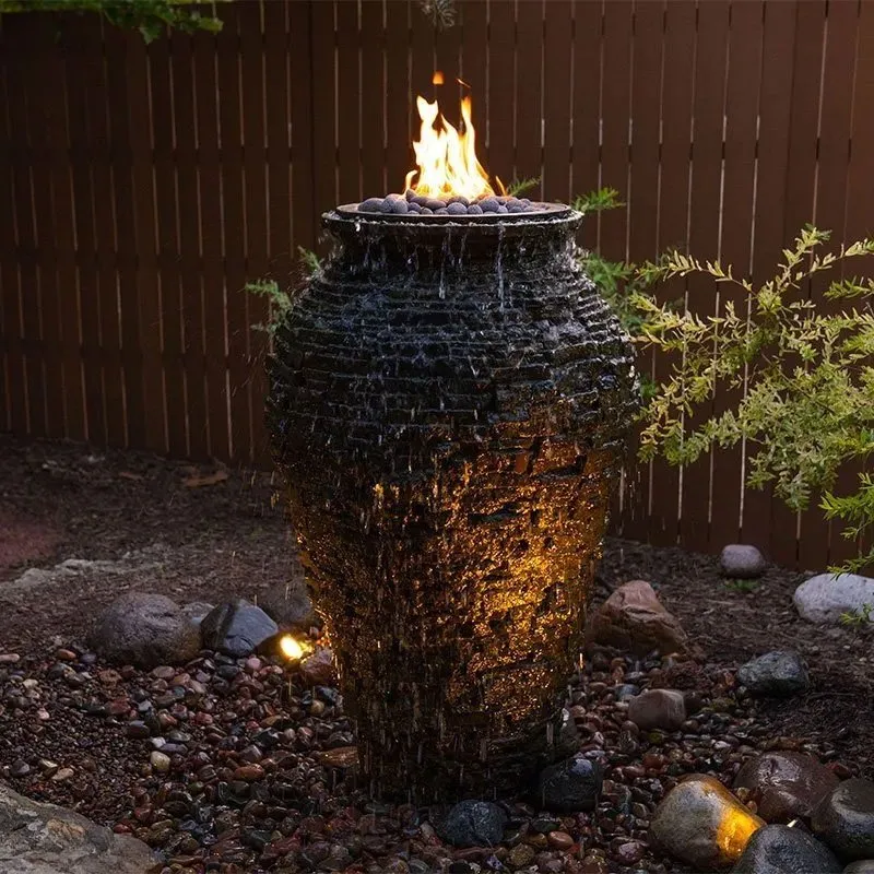 Fire and water stacked slate urn fountain