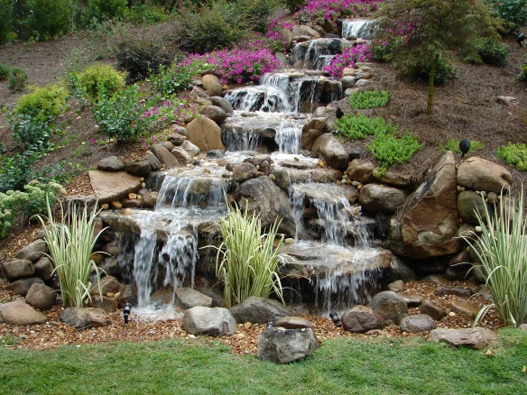 Large pondless waterfall with multiple drops and flowering shrubs