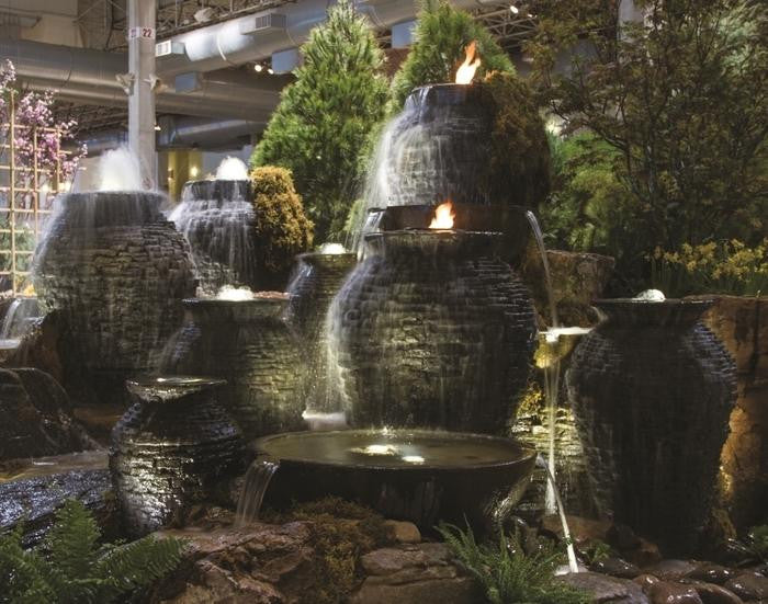 Large custom urn fountain display with fire and water